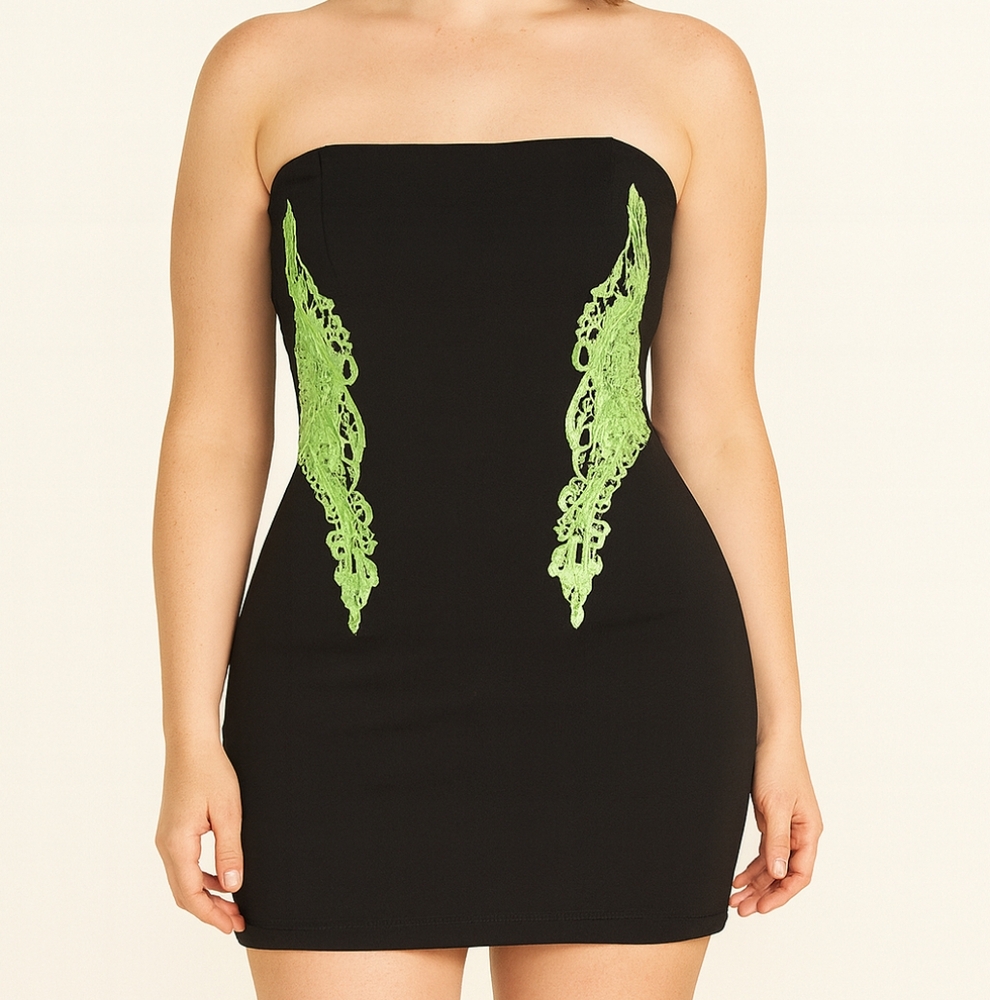 Symphony black tube top strapless mini dress with lime green appliques Y2K small